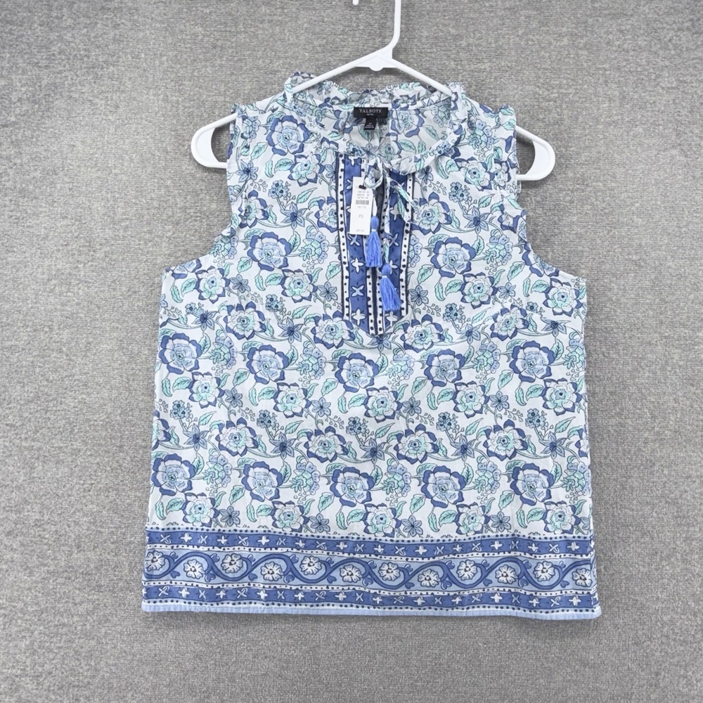 Talbots Blouse Top Women Size Small Petite Blue Floral Sleeveless Tasseled NEW